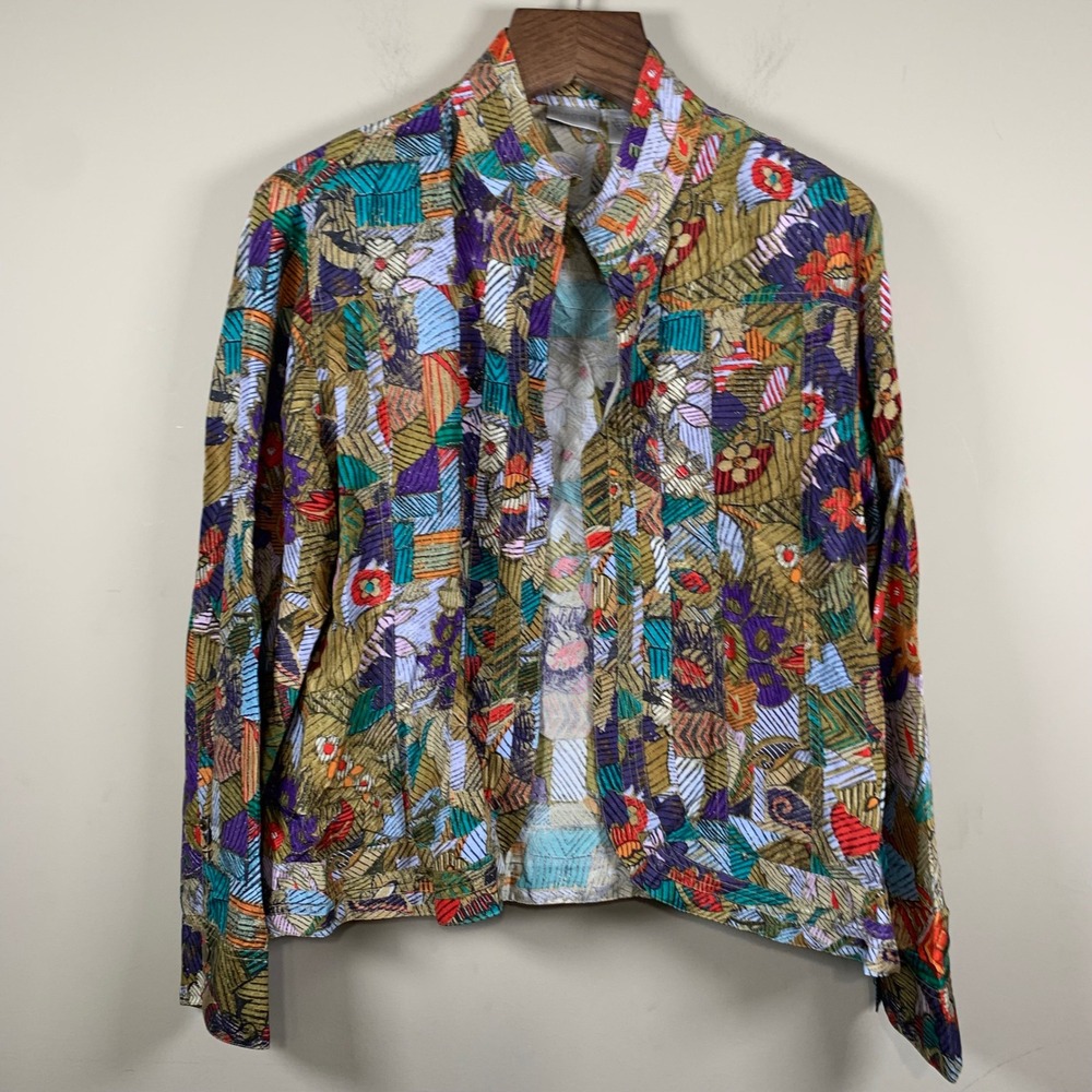 Chico's 100% Silk Open Front Lightweight Jacket Size 3 Abstract Artsy